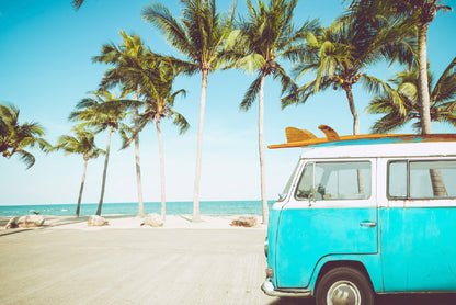 A Blue Van Parked On a Beach with Palm Trees Print 100% Australian Made