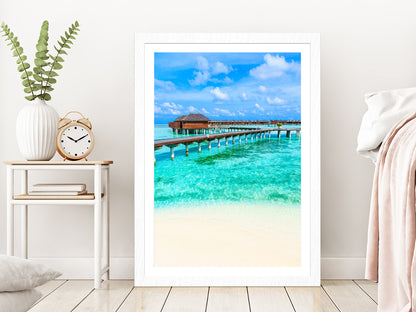 Bungalows Beach Photograph at Maldives Glass Framed Wall Art, Ready to Hang Quality Print With White Border White