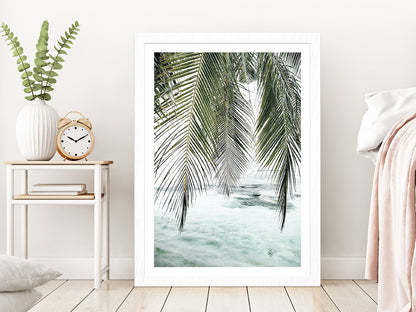 Palm Leaves & Calm Sea Photograph Glass Framed Wall Art, Ready to Hang Quality Print With White Border White