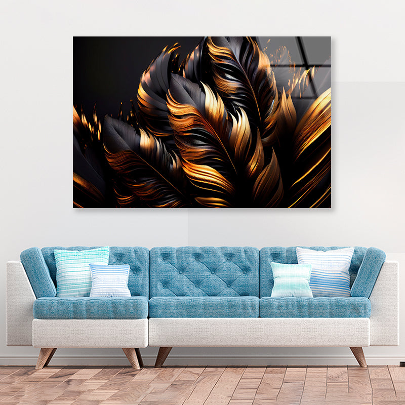 Black and Gold Feathers Acrylic Glass Print Tempered Glass Wall Art 100% Made in Australia Ready to Hang - Bella Home Decor