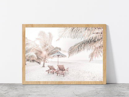 Beach Hut & Chair with Palm Trees on Sandy Seashore Glass Framed Wall Art, Ready to Hang Quality Print Without White Border Oak