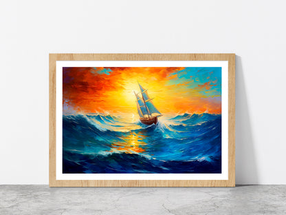 Sailboat Boat At Sunset On The Ocean Glass Framed Wall Art, Ready to Hang Quality Print With White Border Oak