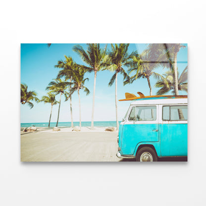 A Blue Van Parked On a Beach with Palm Trees Acrylic Glass Print Tempered Glass Wall Art 100% Made in Australia Ready to Hang