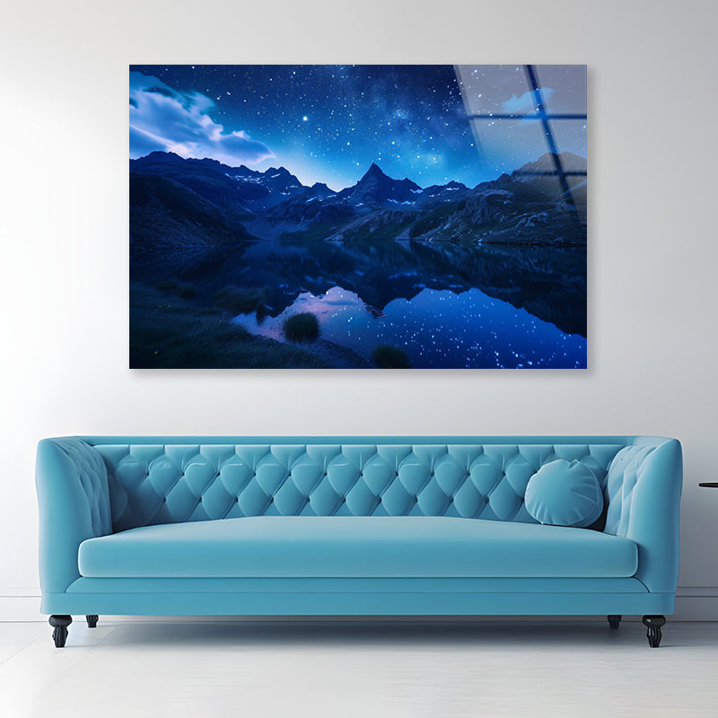 Night View with Mountain Lake and Starry Sky Acrylic Glass Print Tempered Glass Wall Art 100% Made in Australia Ready to Hang - Bella Home Decor
