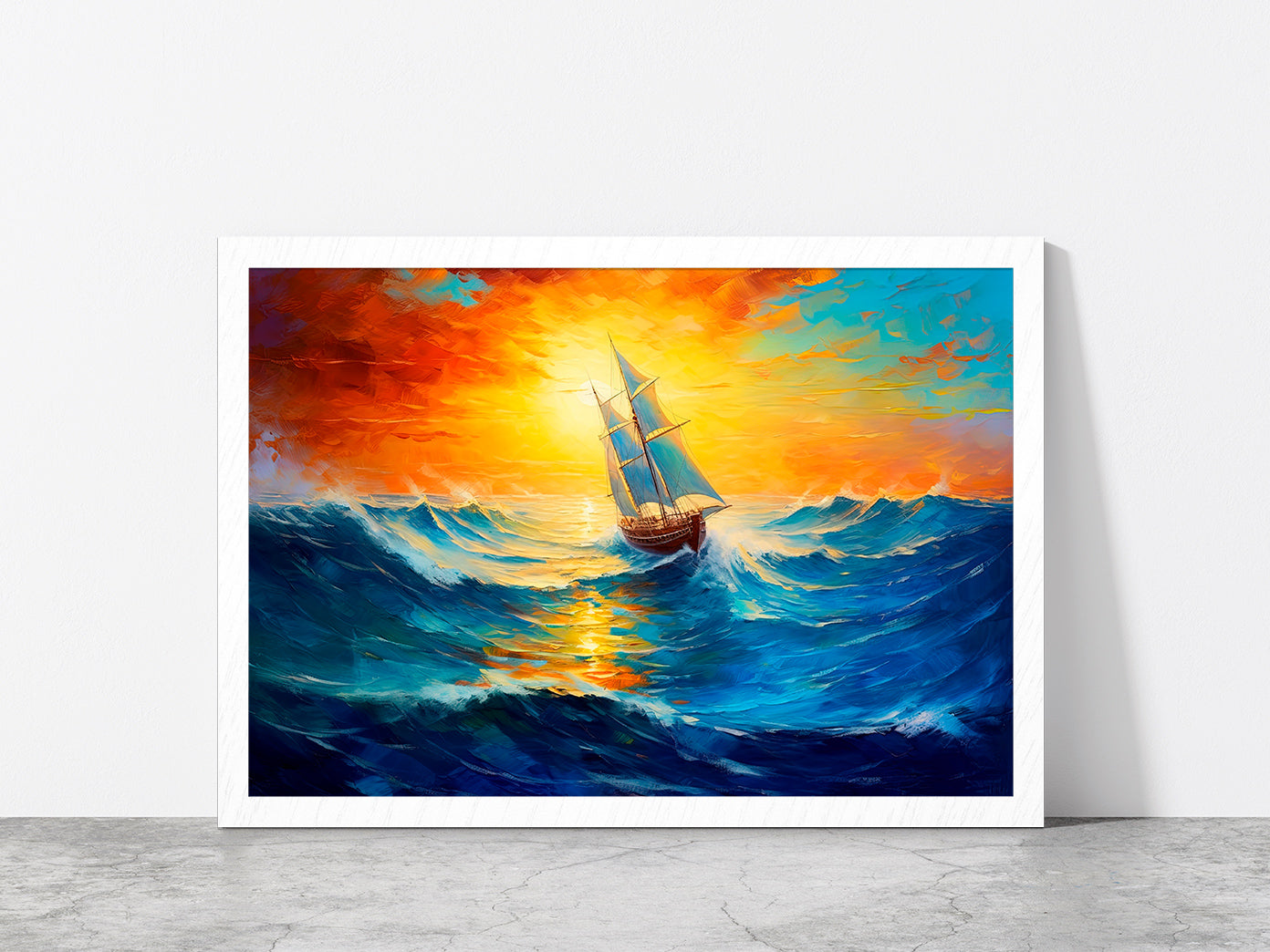 Sailboat Boat At Sunset On The Ocean Glass Framed Wall Art, Ready to Hang Quality Print Without White Border White