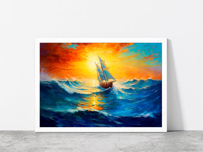 Sailboat Boat At Sunset On The Ocean Glass Framed Wall Art, Ready to Hang Quality Print Without White Border White