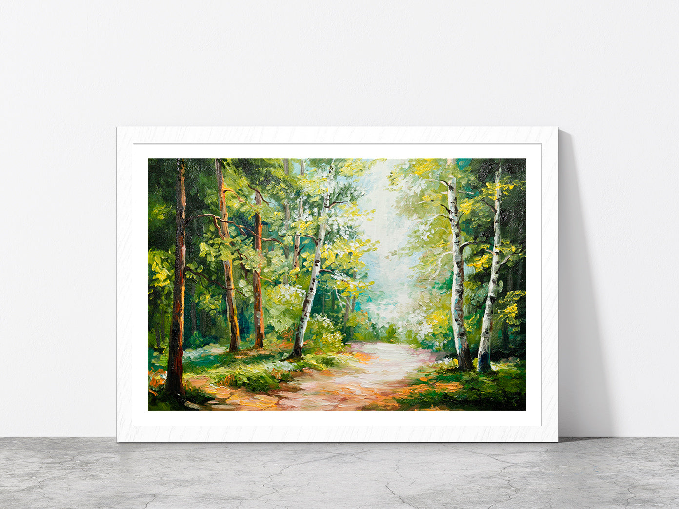 Summer Forest Oil Painting Glass Framed Wall Art, Ready to Hang Quality Print With White Border White