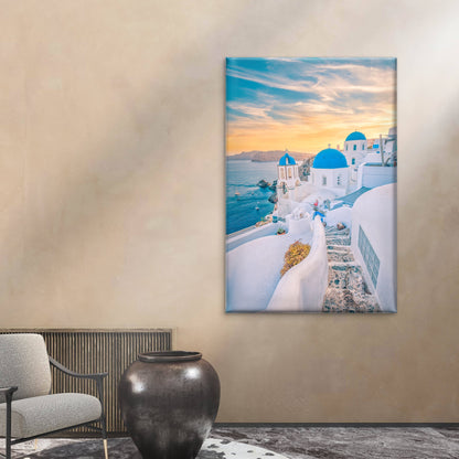 Santorini Winding Stairs Oia White Buildings Blue Domes Wall Art Decor 100% Australian Made - Bella Home Decor