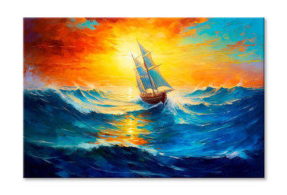 Sailboat Boat At Sunset On The Ocean Oil Painting Limited Edition High Quality Print Stretched Canvas None