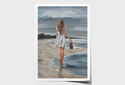 Seaside, White Dress Woman Painting Wall Art Limited Edition High Quality Print