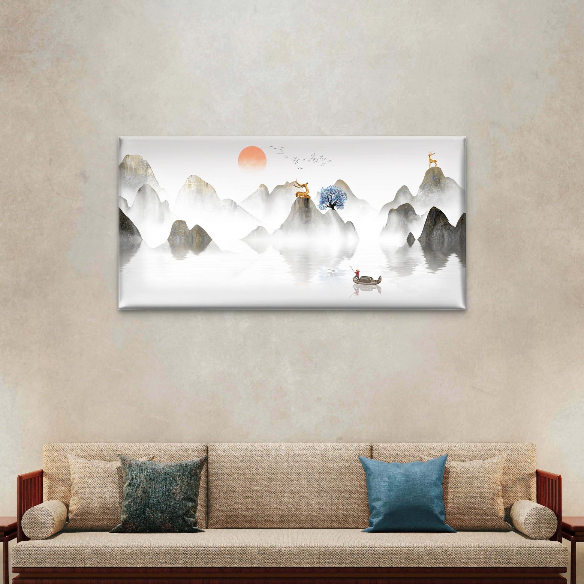Chinese Ink Mountain Gold Deer Wall Art Canvas Office Home Room Framed 120x60cm