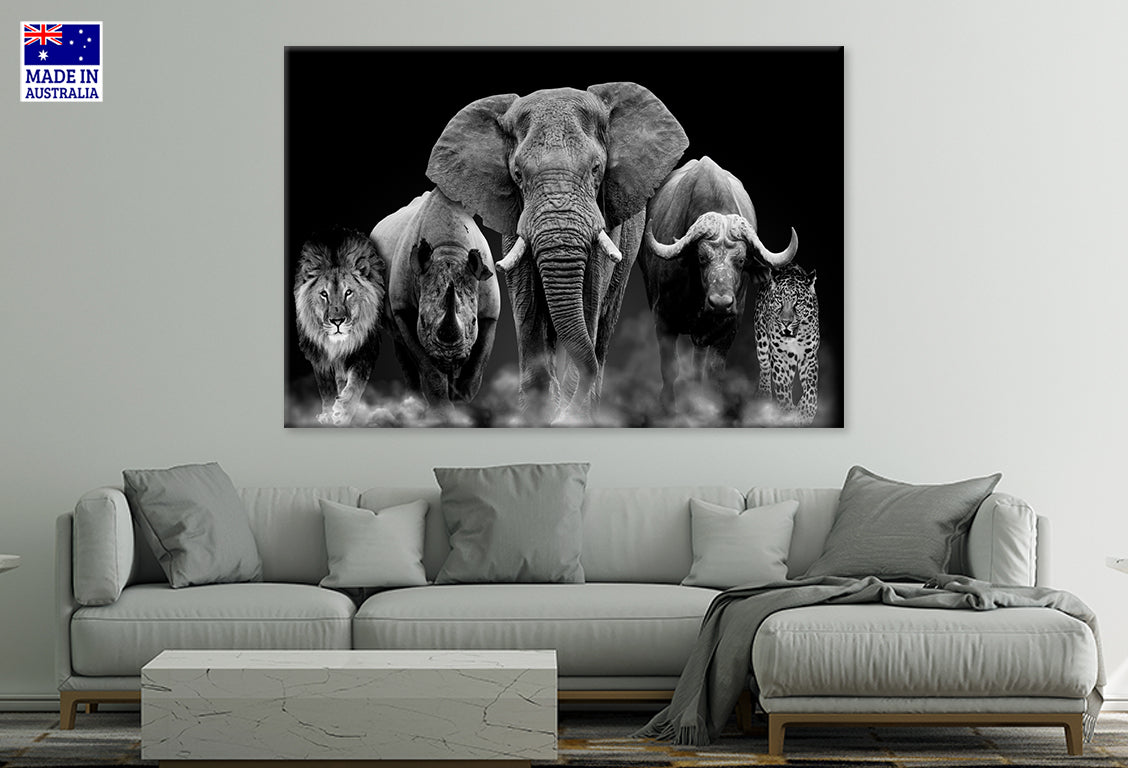 African Big Five Wild Animals on Black Wall Art Decor 100% Australian Made