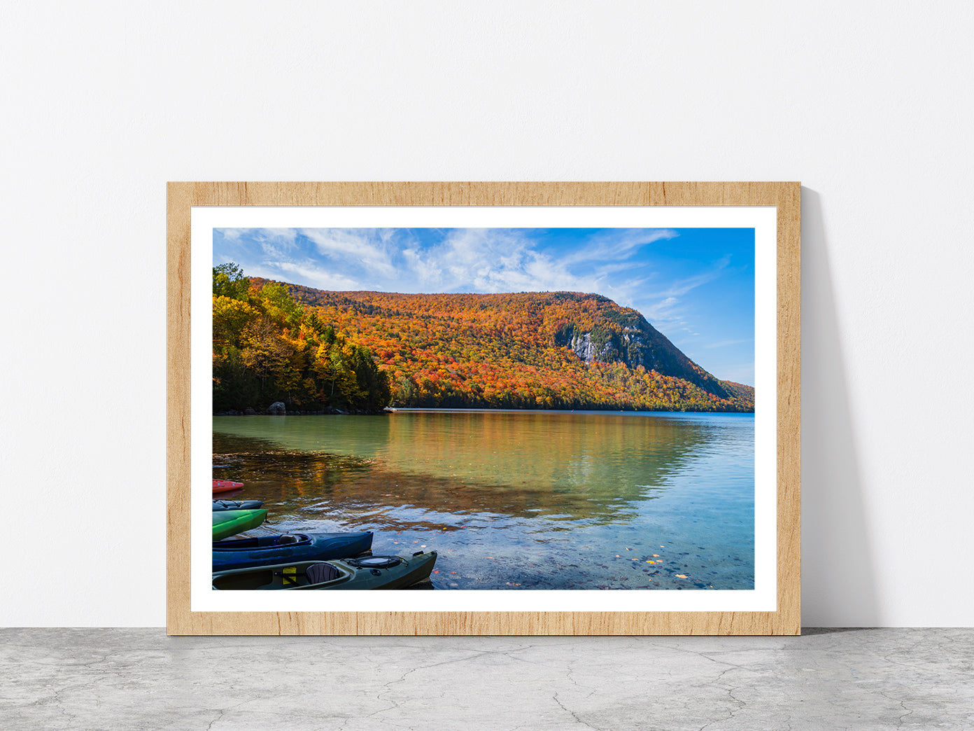 Autumn Forest With Lake & Boats Glass Framed Wall Art, Ready to Hang Quality Print With White Border Oak