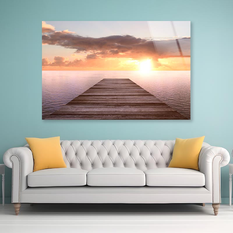 Golden Sea Sunset View of Pier or Jetty in The Tropical in The Summer Acrylic Glass Print Tempered Glass Wall Art 100% Made in Australia Ready to Hang