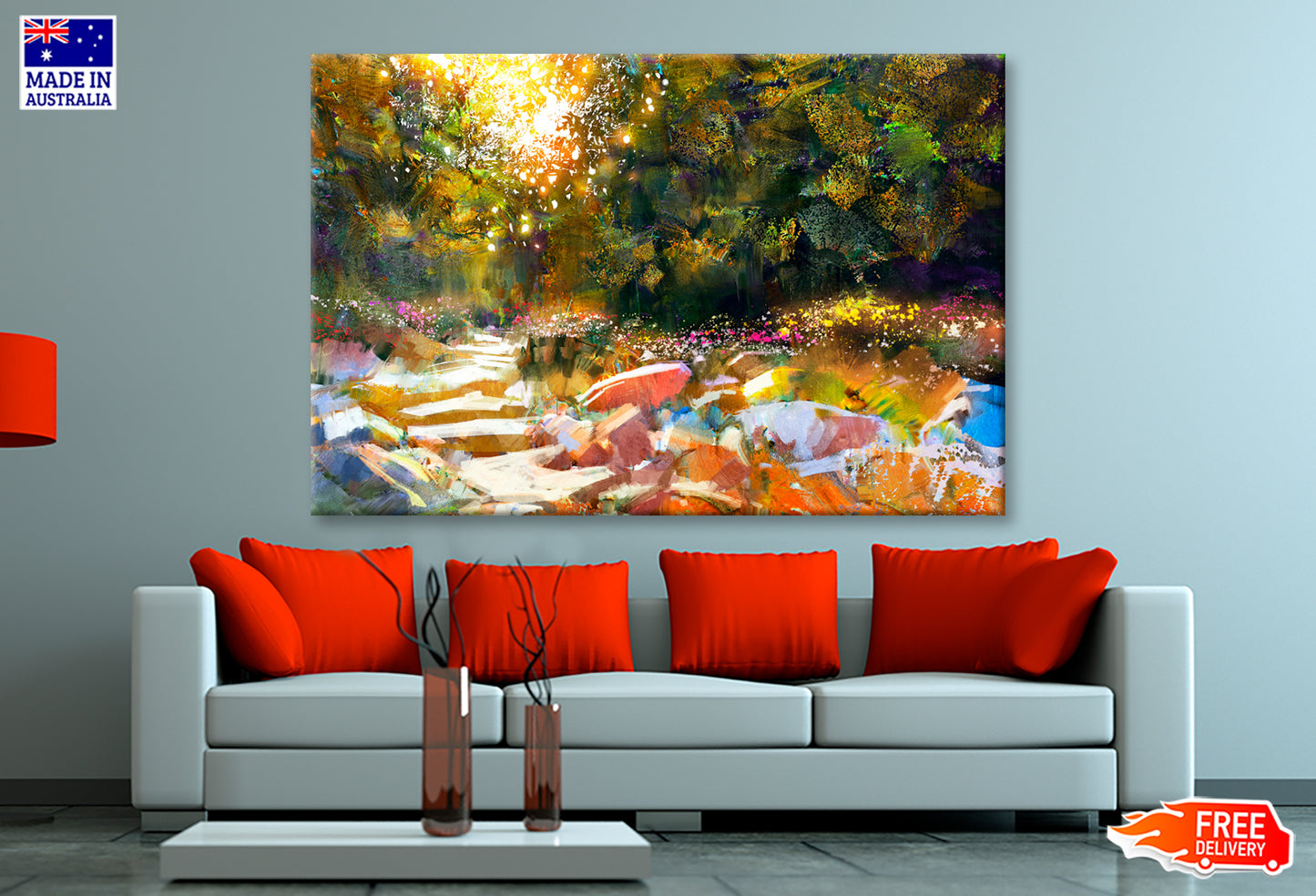 Pathway With Trees & Flowers In Autumn Oil Painting Wall Art Limited Edition High Quality Print