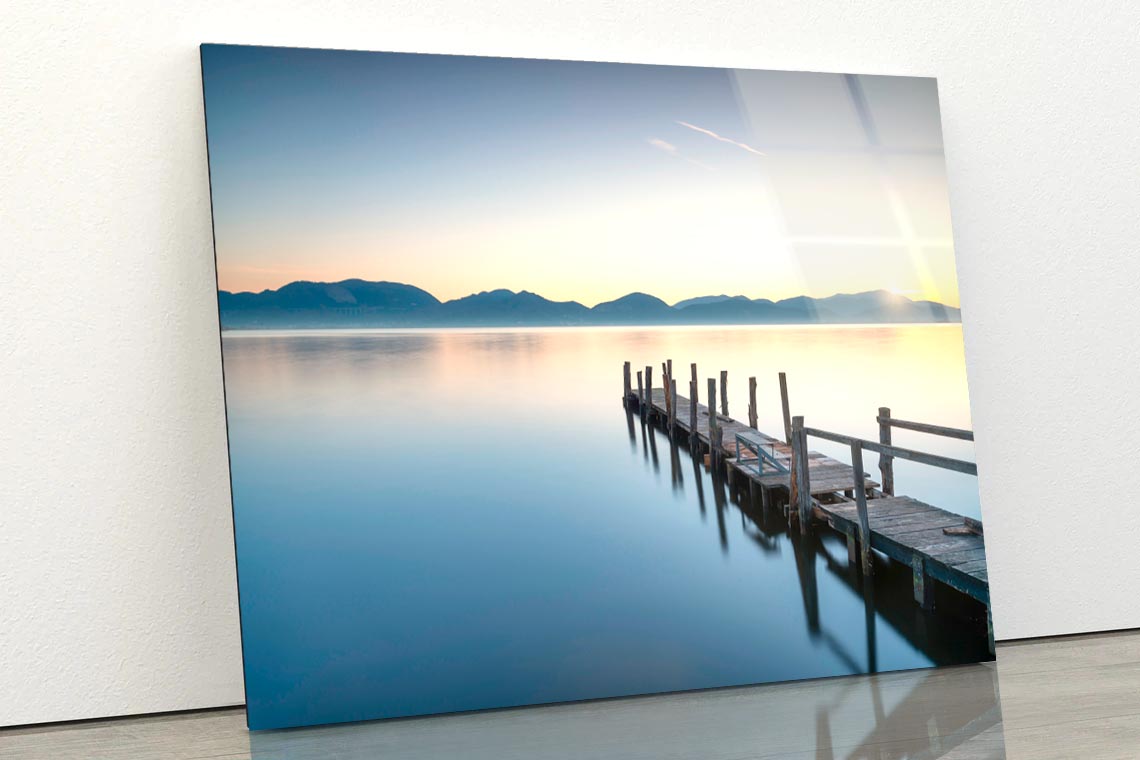 Wooden Pier or Jetty and Lake At Sunrise  Acrylic Glass Print Tempered Glass Wall Art 100% Made in Australia Ready to Hang