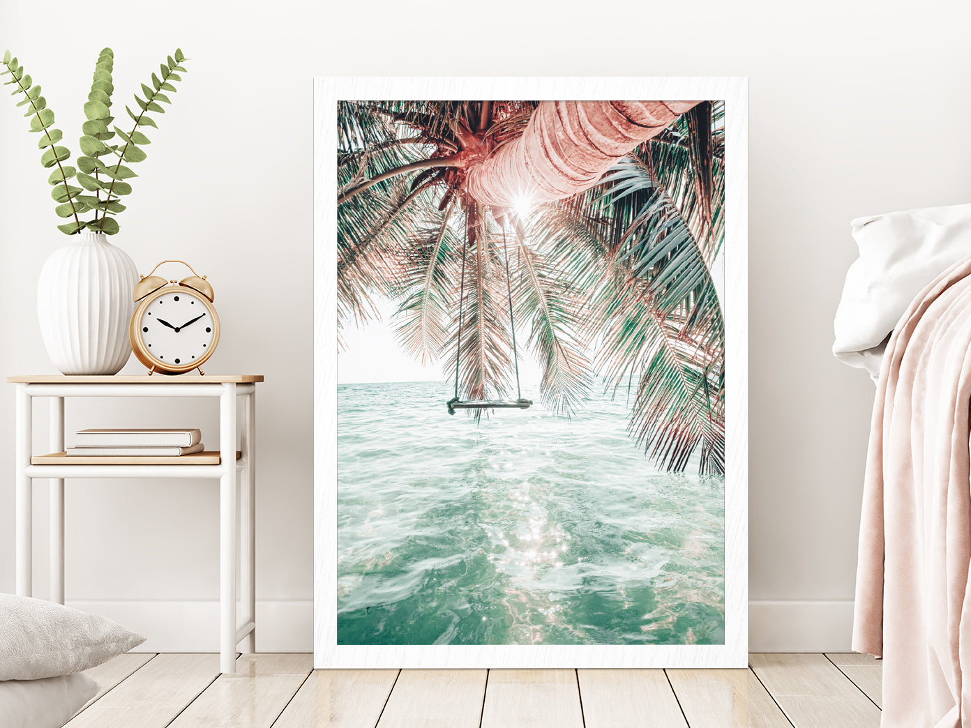 Palm Tree & Clear Water Sea Photograph Glass Framed Wall Art, Ready to Hang Quality Print Without White Border White