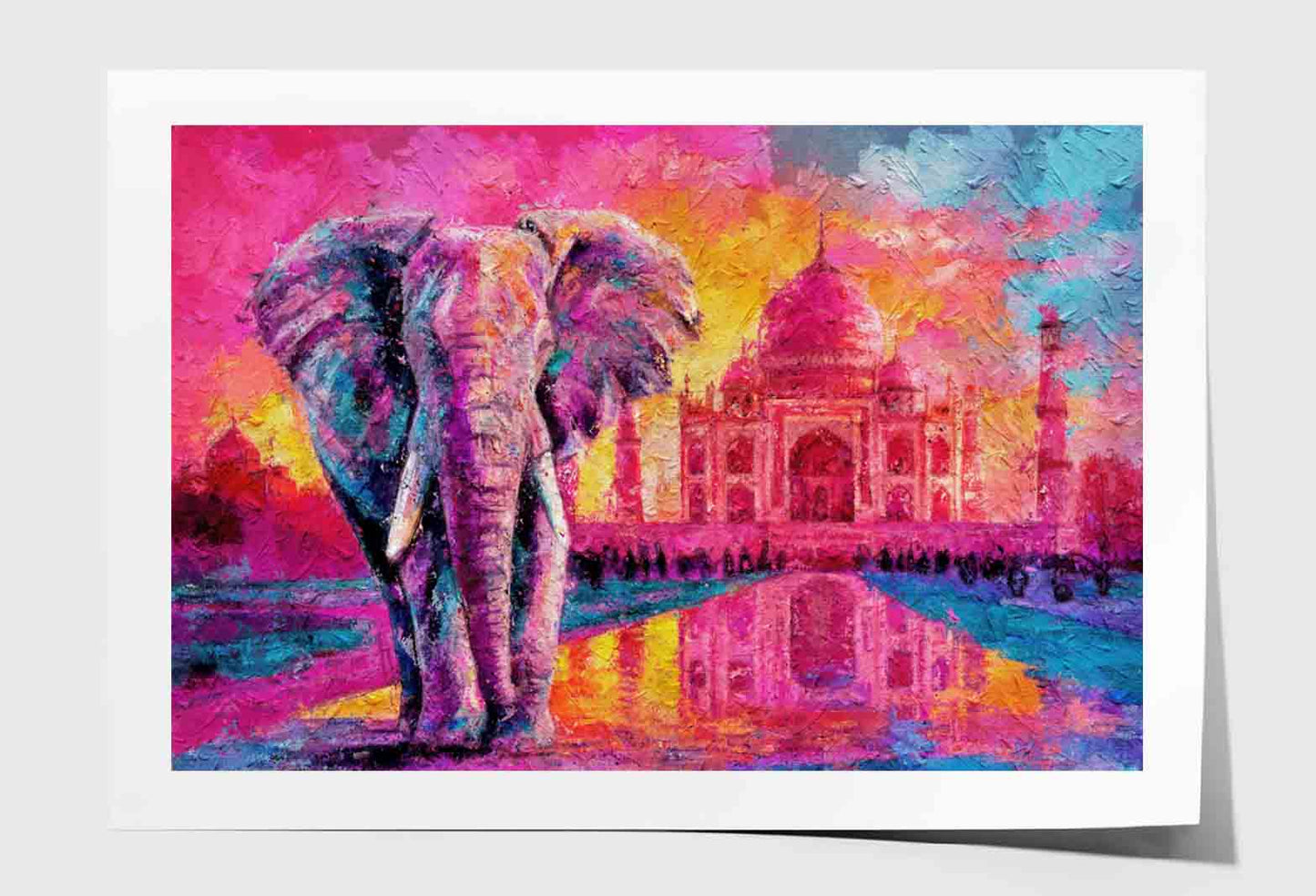 Painting Of Elephant with Taj Mahal Sunset Wall Art Limited Edition High Quality Print