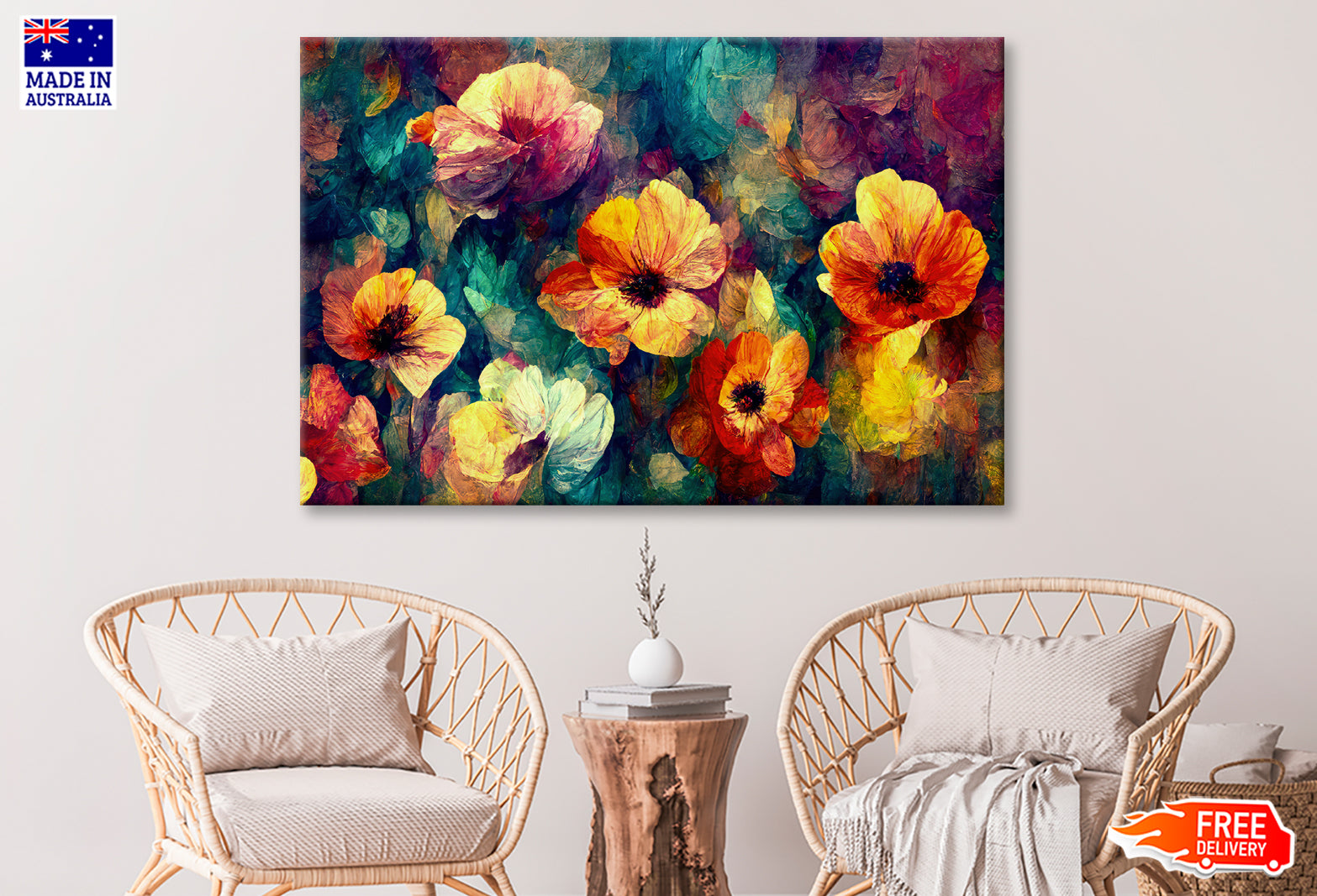 Red Orange Blue Abstract Flowers Oil Painting Wall Art Limited Edition High Quality Print