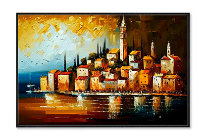 Mediterranean Coastal City Oil Painting Wall Art Limited Edition High Quality Print Canvas Box Framed Black