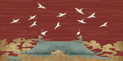Red Asian Temple Flying Cranes Sky Painting Wall Art Canvas Office Home Framed 120x60cm