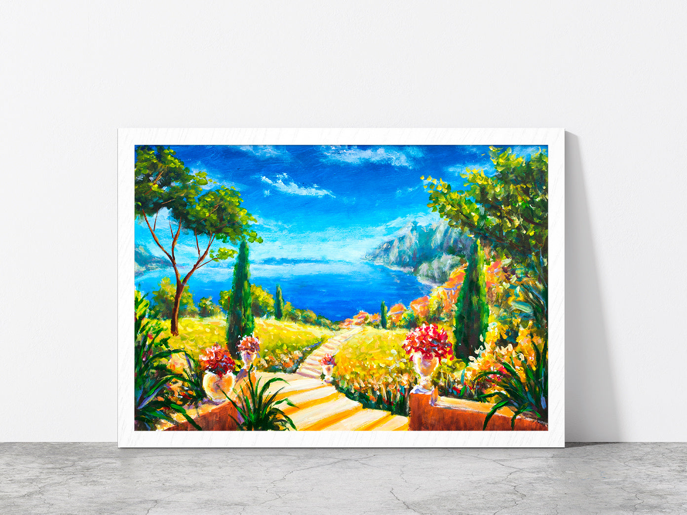 Road To The Ocean, Vases With Flowers & Beautiful Mountains Glass Framed Wall Art, Ready to Hang Quality Print Without White Border White