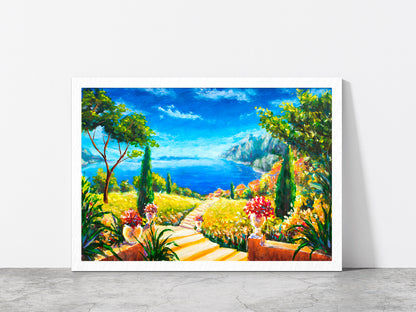 Road To The Ocean, Vases With Flowers & Beautiful Mountains Glass Framed Wall Art, Ready to Hang Quality Print Without White Border White