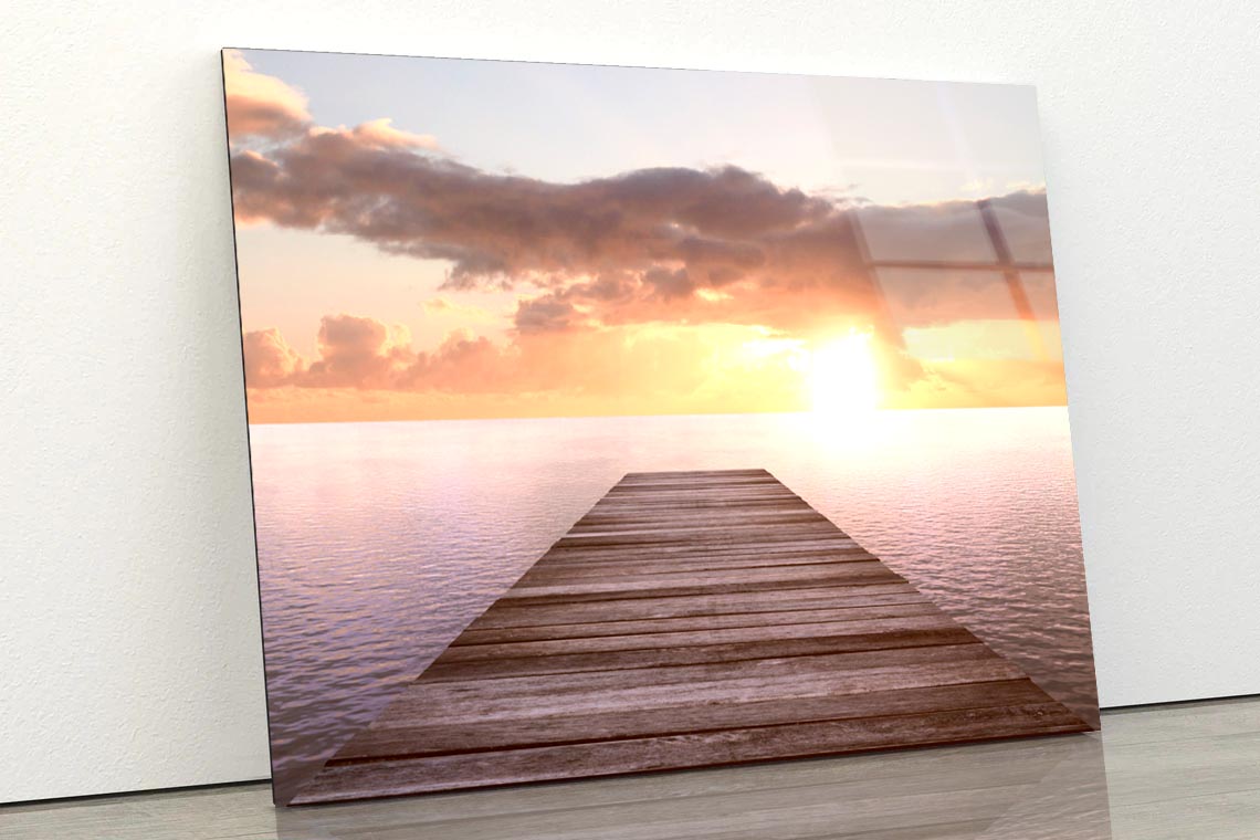 Golden Sea Sunset View of Pier or Jetty in The Tropical in The Summer Acrylic Glass Print Tempered Glass Wall Art 100% Made in Australia Ready to Hang