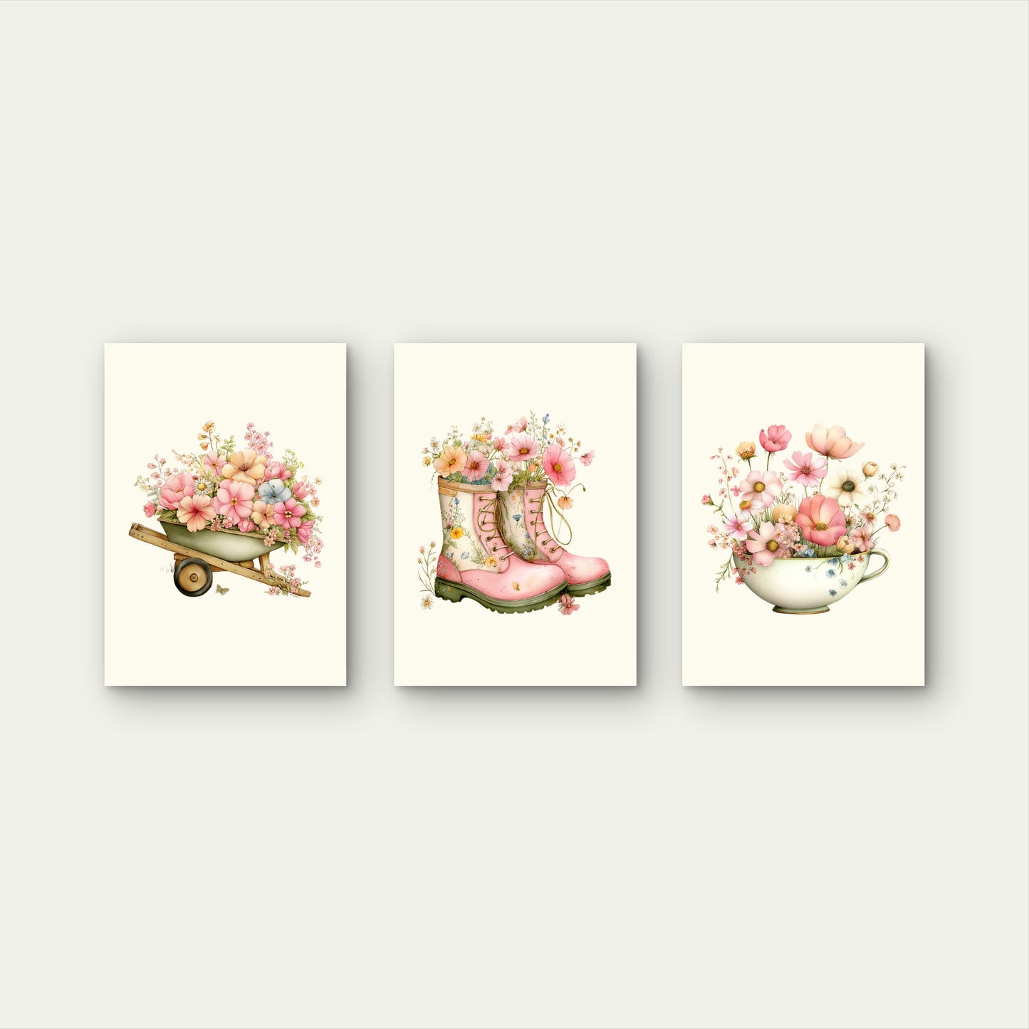3pcs Cottage Garden Boots Wheelbarrow Flowers Wall Art Set Canvas Framed 40x60cm - High Quality Print 100% Australian Made Wall Canvas Ready to Hang