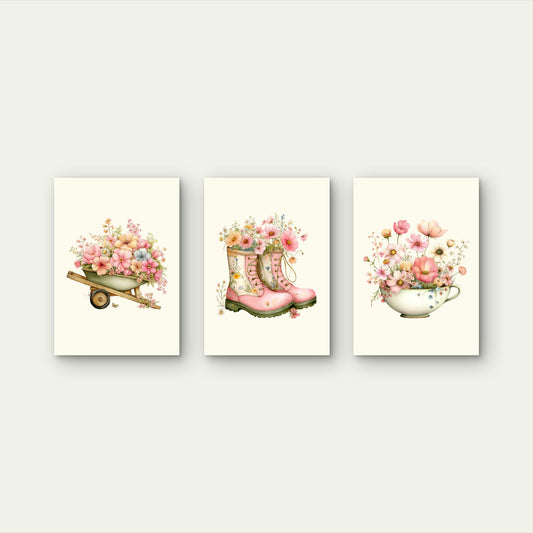 3pcs Cottage Garden Boots Wheelbarrow Flowers Wall Art Set Canvas Framed 40x60cm - High Quality Print 100% Australian Made Wall Canvas Ready to Hang