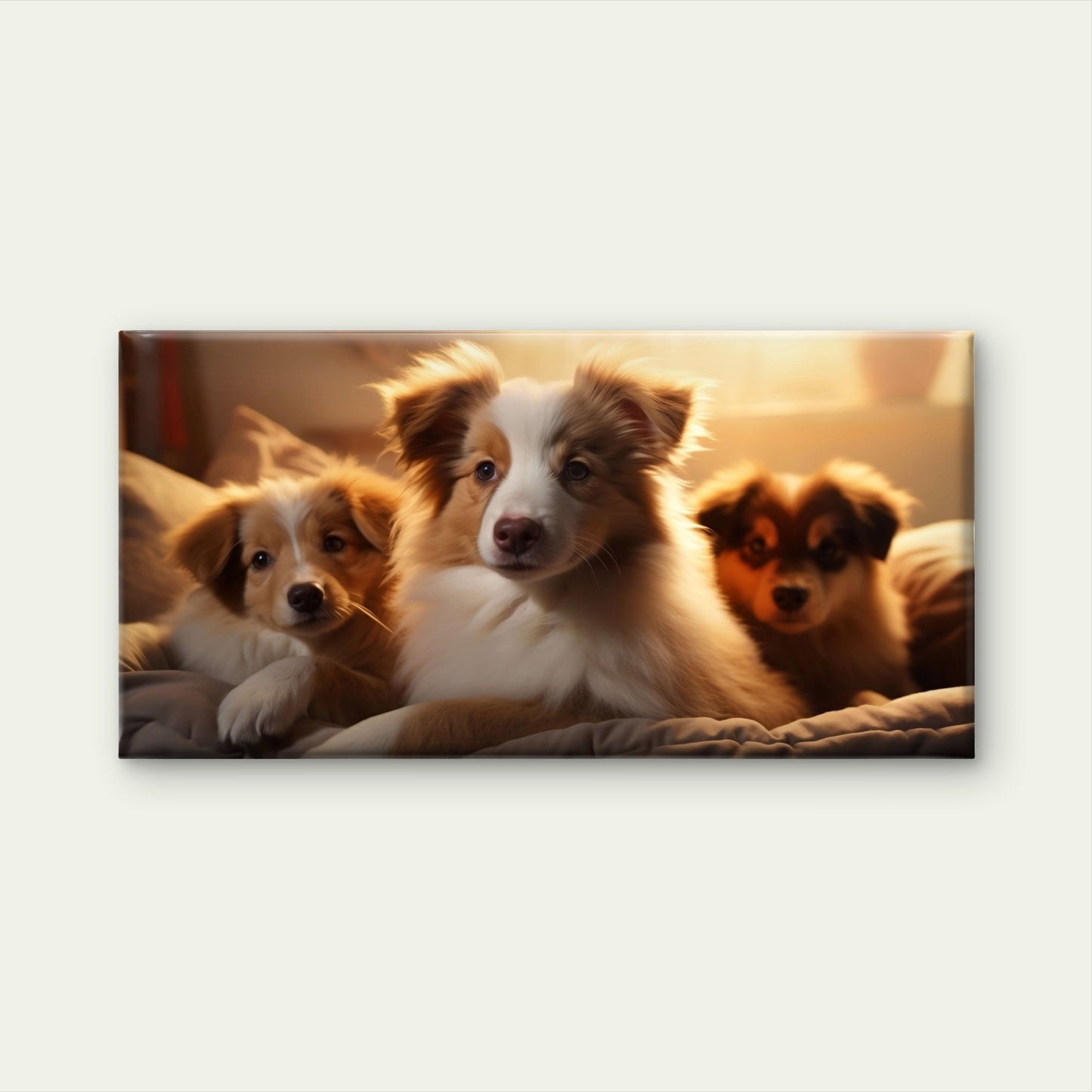 Three Cute Australian Shepherd Puppies Bed Wall Art Canvas Office Home Room Framed 120x60cm