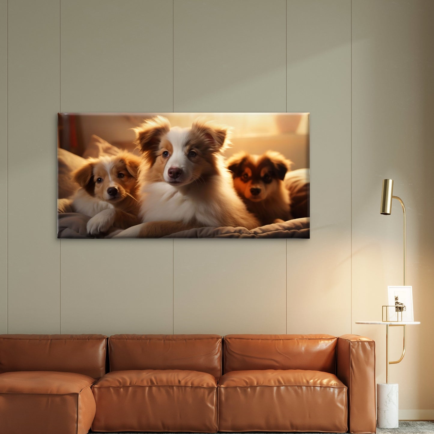 Three Cute Australian Shepherd Puppies Bed Wall Art Canvas Office Home Room Framed 120x60cm