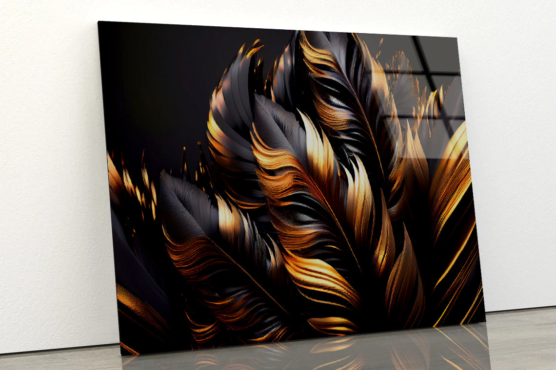 Black and Gold Feathers Acrylic Glass Print Tempered Glass Wall Art 100% Made in Australia Ready to Hang - Bella Home Decor