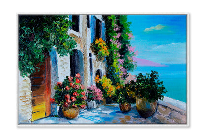 Stone Embankment, Filled With Flowers Oil Painting Wall Art Limited Edition High Quality Print Canvas Box Framed White