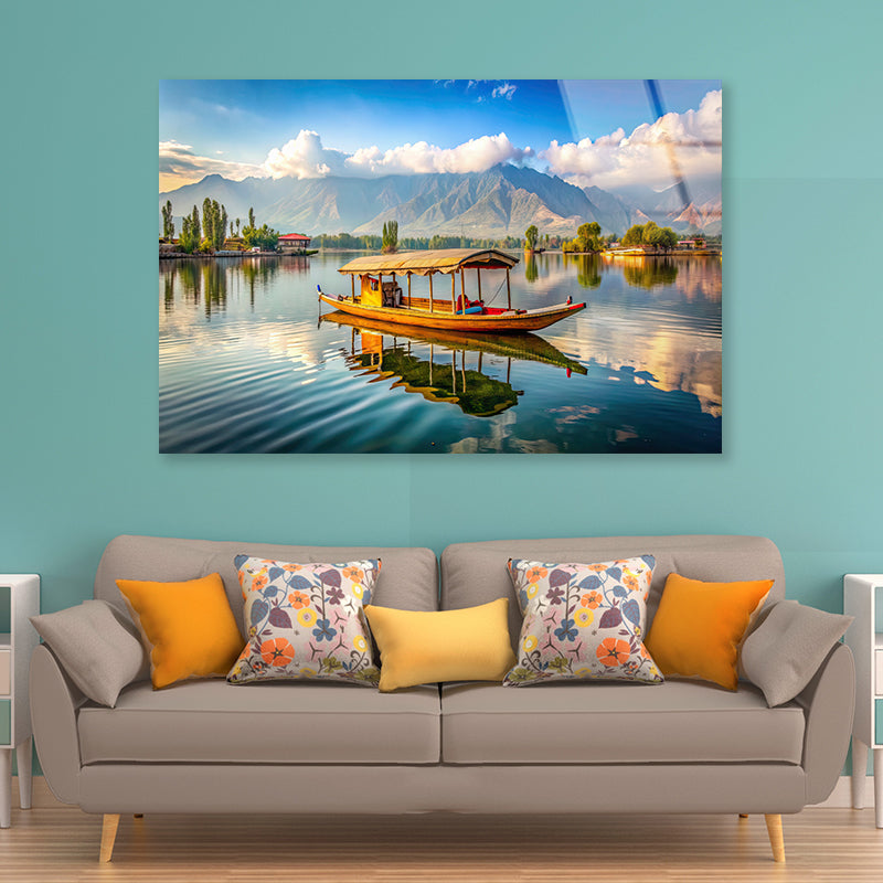 Boat on the Water, Lake, Mountains in India Acrylic Glass Print Tempered Glass Wall Art 100% Made in Australia Ready to Hang - Bella Home Decor