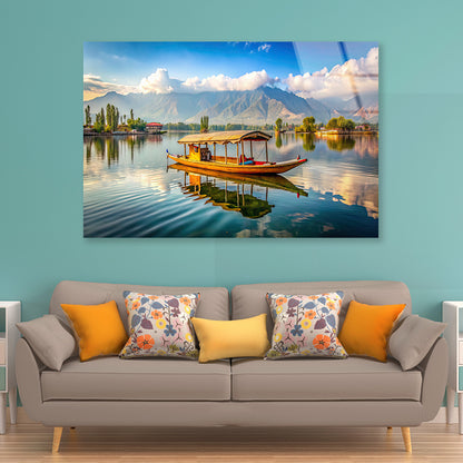 Boat on the Water, Lake, Mountains in India Acrylic Glass Print Tempered Glass Wall Art 100% Made in Australia Ready to Hang - Bella Home Decor