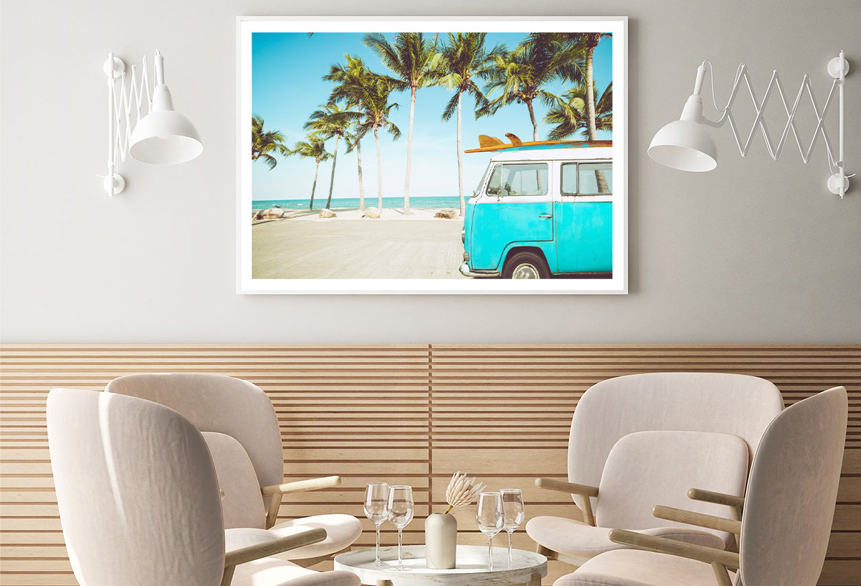 A Blue Van Parked On a Beach with Palm Trees Home Decor Premium Quality Poster Print Choose Your Sizes