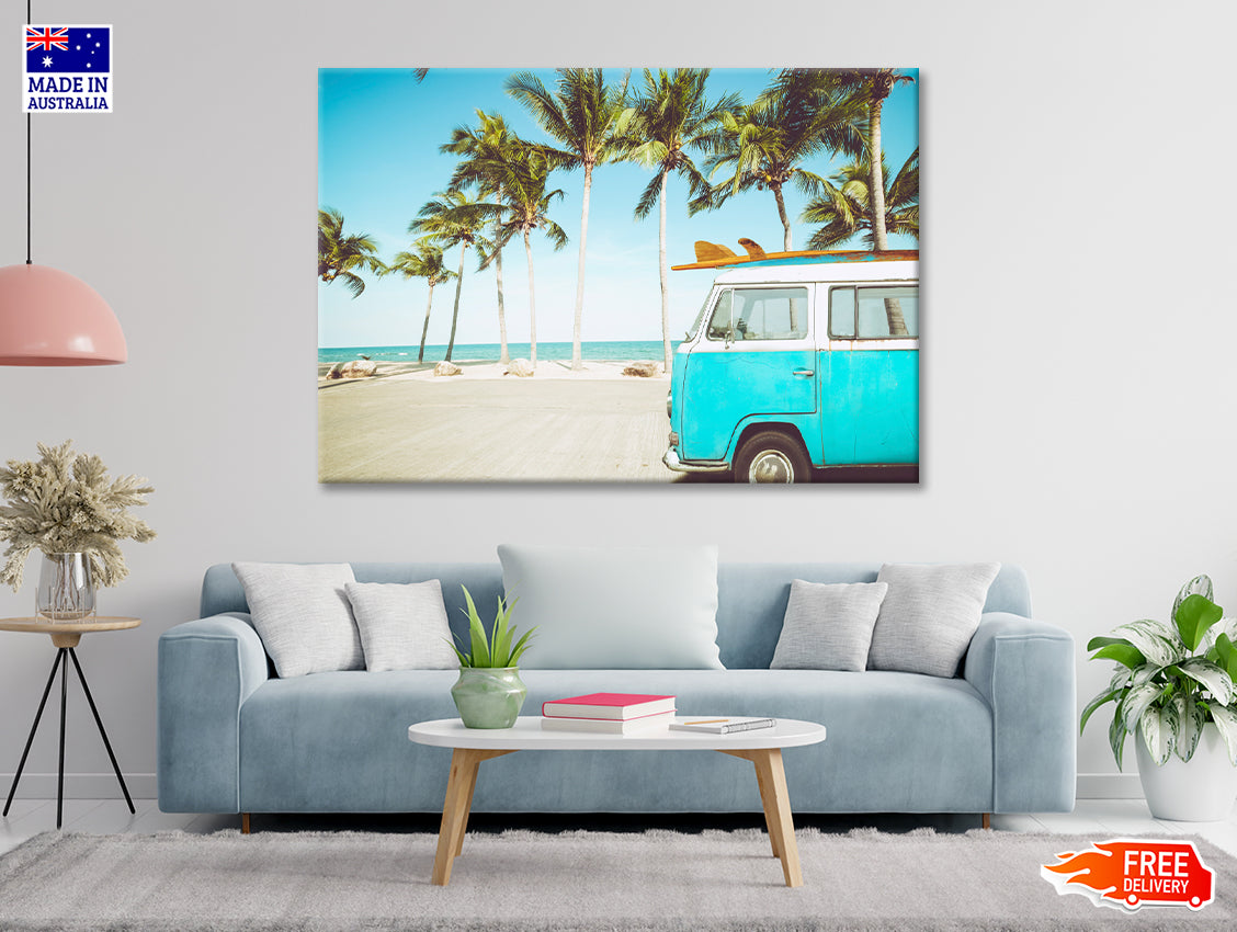 A Blue Van Parked On a Beach with Palm Trees Print 100% Australian Made