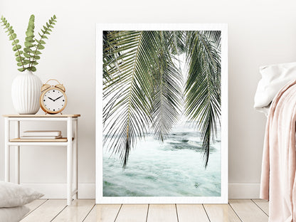 Palm Leaves & Calm Sea Photograph Glass Framed Wall Art, Ready to Hang Quality Print Without White Border White