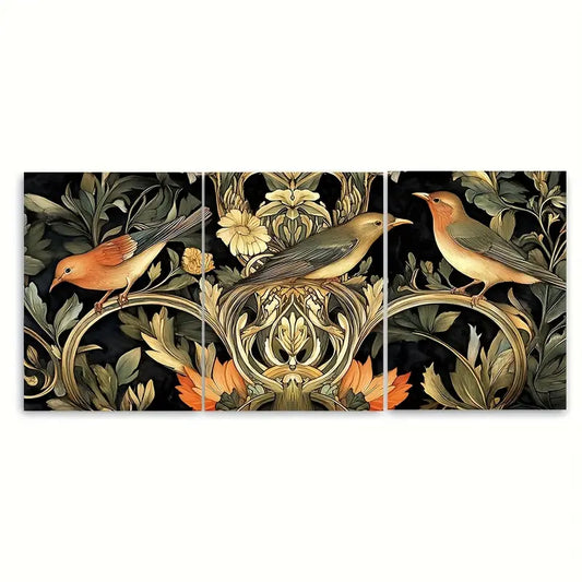 3pcs Brown Beige Songbirds Botanical Metal Print Ready to Hang Art