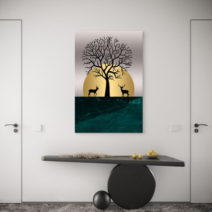 Gold Moon Deer Forest Silhouette 60x90cm Metal Print Ready to Hang