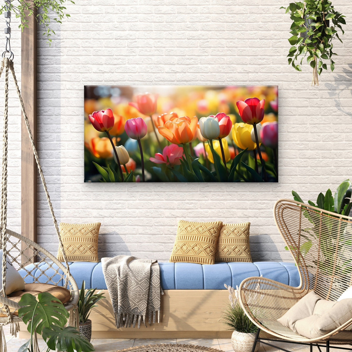Vibrant Spring Tulip Field Garden Wall Art Canvas Office Home Framed 120x60cm