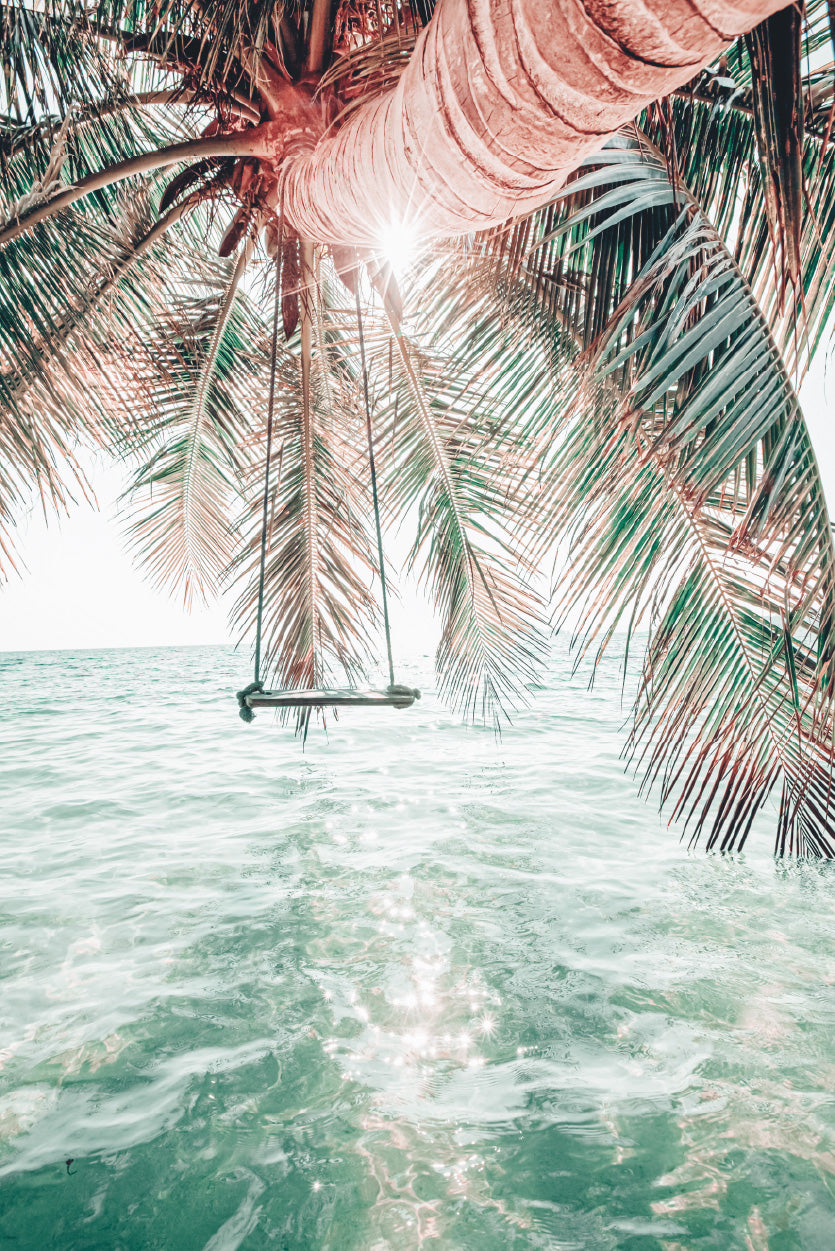 Palm Tree & Clear Water Sea Photograph Glass Framed Wall Art, Ready to Hang Quality Print