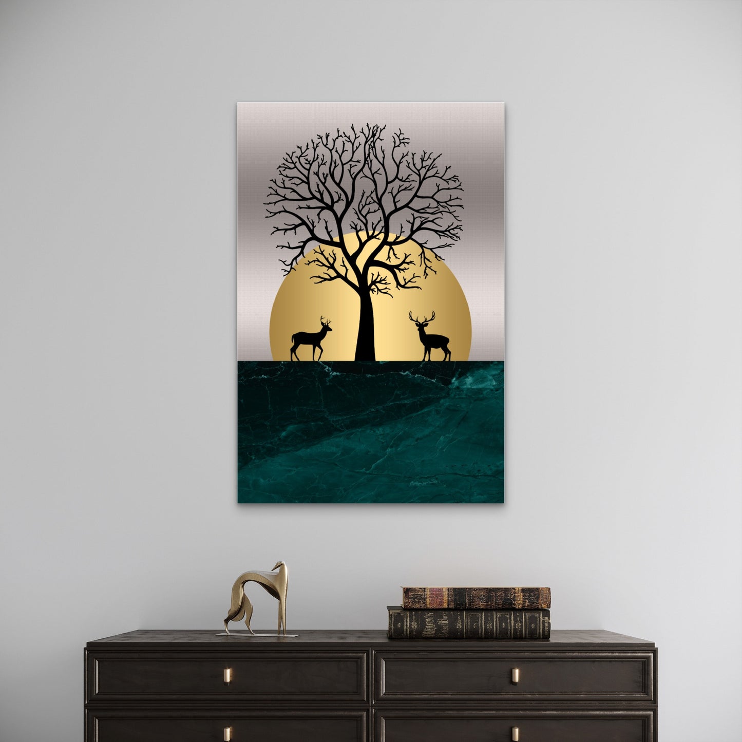Gold Moon Deer Forest Silhouette 40x60cm Metal Print Ready to Hang