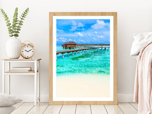 Bungalows Beach Photograph at Maldives Glass Framed Wall Art, Ready to Hang Quality Print With White Border Oak