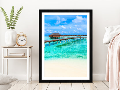 Bungalows Beach Photograph at Maldives Glass Framed Wall Art, Ready to Hang Quality Print With White Border Black