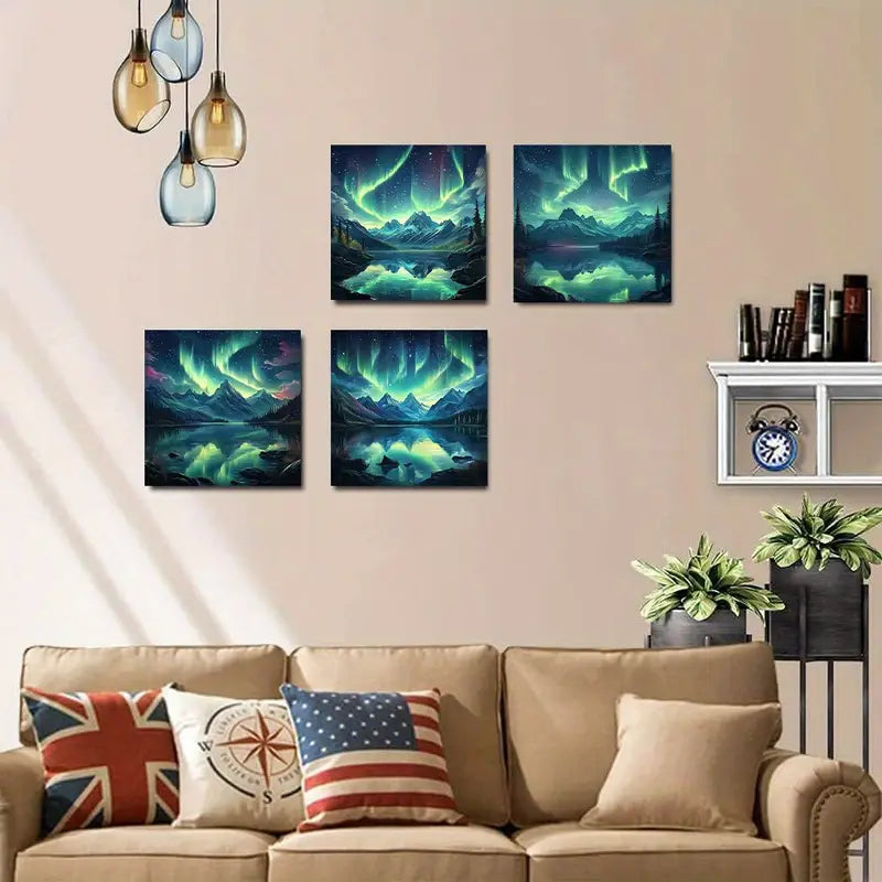 4pcs  Northern Lights Western Mountains Green  Wall Art Canvas Framed