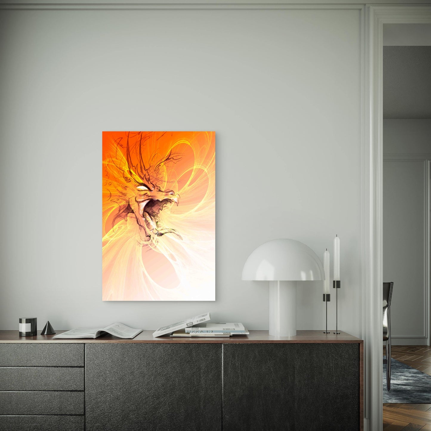 Golden Fire Dragon Rising From the Clouds 60x90cm Metal Print Ready to Hang