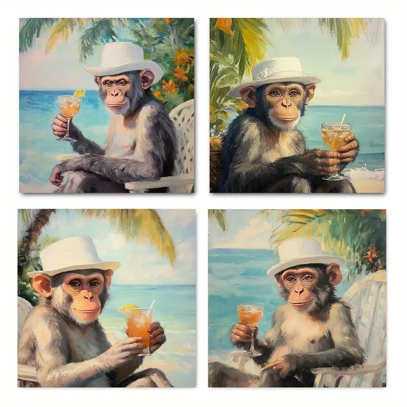 4pcs Chic Monkey Cocktail Canvas Art Prints Wall Art Canvas Framed