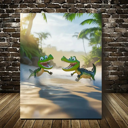 Cartoon Crocodiles Chasing Each Other 40x60cm Metal Print Ready to Hang - Bella Home Decor